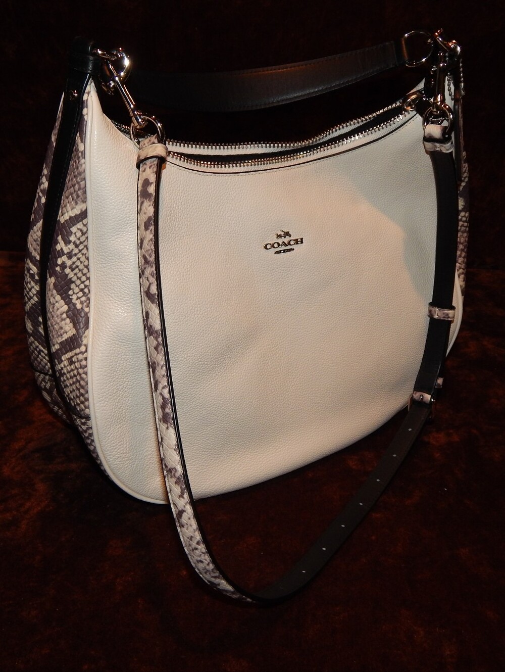 Coach White Pebble Leather Hobo with Snake-Print Trim